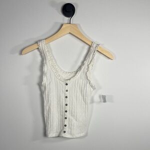 NWT American Eagle White Ribbed Button-Front Tank Top XXS Lace Trim